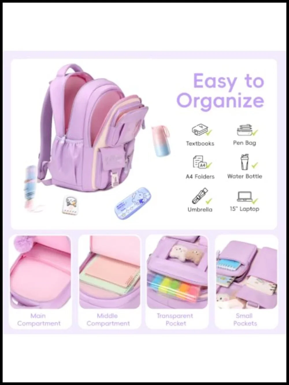 Girls Backpack Set with Lunch Box and Pencil Case, Lightweight Nylon,